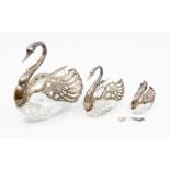 A set of three graduated late 20th century silver mounted glass Swan dishes, London import marks for
