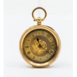 An 18k yellow gold and Continental fob watch, gold tone dial, foliate decoration, Roman numerals,