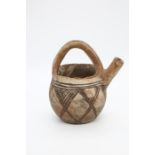 Chinese terracotta vessel, painted in earth pigments with geometric motifs,  arched loop handle
