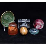 Agate dish along with five paperweights.