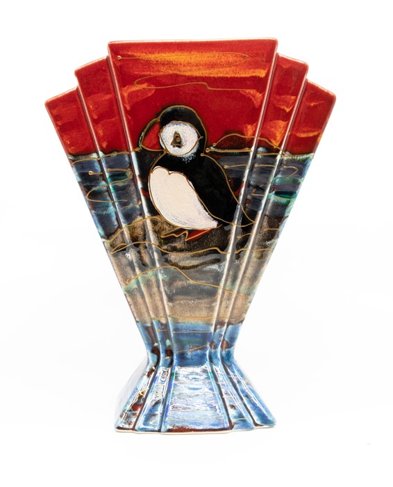 Anita Harris Art Pottery: A Art Deco style Fan Vase in the puffin design. Height approx 22cm. Signed