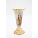 A Royal Worcester blush ivory trumpet shaped vase, shape no: 706 / G, painted with cock Pheasant