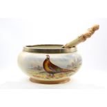 A Locke & Co Worcester EPNS mounted salad bowl, the body painted with a pheasant, signed by
