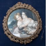 19th century gilt glass frame with Victorian print of two young ladies.