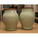 Two Denby planters white tubelined decoration on green ground. Height approx 30cm.