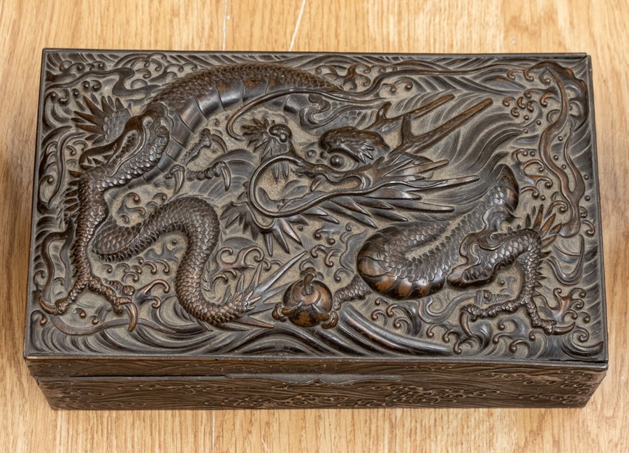 Bronze Chinese Dragon box along with two Chinese hardwood tobacco jars in the style of sleeping - Image 2 of 2