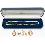 A cultured pearl necklace, a 9ct gold Cameo brooch, along with a 9ct gold cameo ring, size N1/2, a