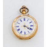 A Continental 18K gold, ladies open faced pocket watch, white enamel dial with blue Roman numerals