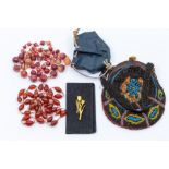 Two 1920s glass bead necklaces; a beaded bag and a gilt metal brooch by Carlo Orsini (4)