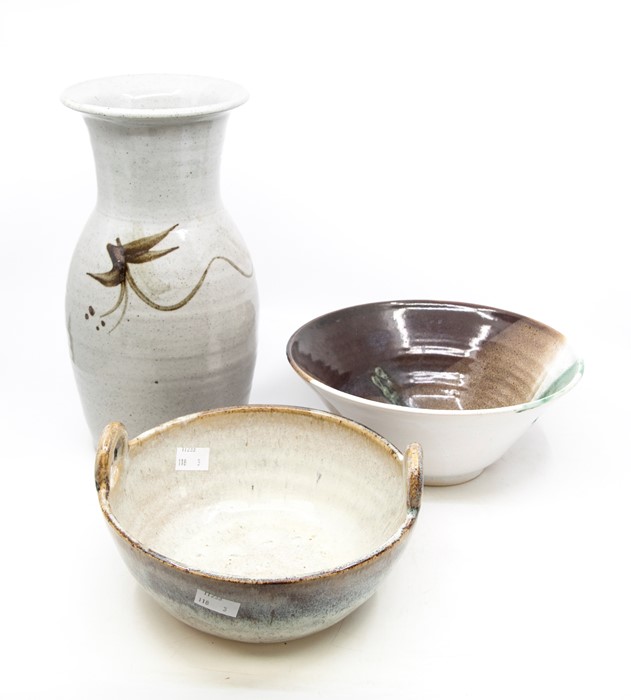 Collection of studio pottery - vase and two bowls.