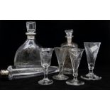 Collection of 18th century and 19th century Cordial glasses, decanters and spirit flask with twist