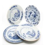Four 28th century blue and white Chinese export plates with different scenes (AF)
