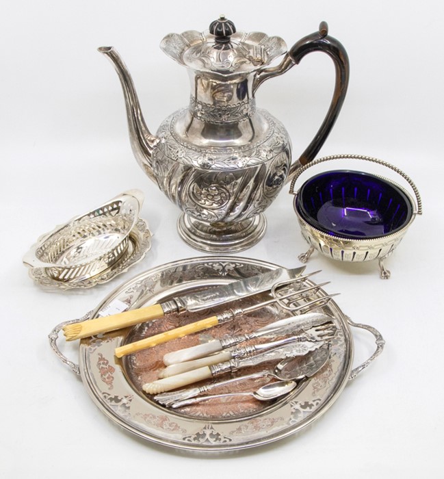 A late Victorian pierced trinket dish, silver plated coffee pot, tray, cutlery etc