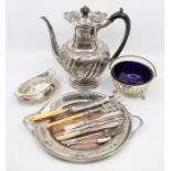 A late Victorian pierced trinket dish, silver plated coffee pot, tray, cutlery etc