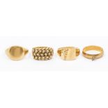 A collection of four 9ct gold rings, to include two signet rings, size T, along with a textured