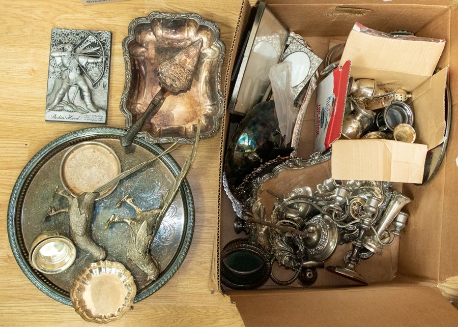 Collection of silver plated items in Pheasant table decoration trays, picture frames, candle