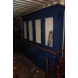 A good Victorian style scrubbed pine and blue painted extensive kitchen housekeepers cabinet, the