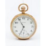 A 9ct gold Waltham open faced pocket watch, white enamel dial, approx. 42mm, number markers with