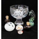 Mixed glassware to include Mdina 'Horse head' paperweight, small Millefiori paperweight, glass bowl,