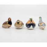 Collection of Royal Crown Derby paperweights of birds, one in box, one silver stopper.