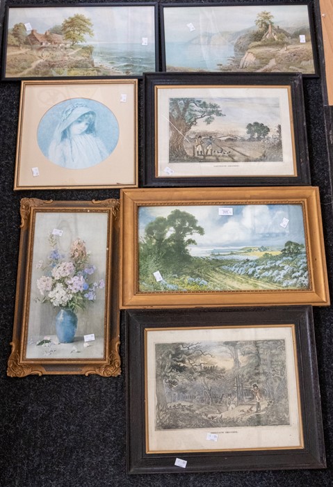 Collection of prints including hunting and coastal scenes, all framed.