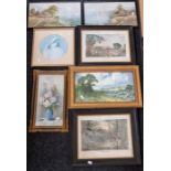 Collection of prints including hunting and coastal scenes, all framed.