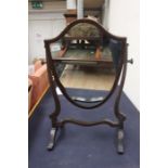 An Edwardian shield toilet mirror mahogany with chequered inlay.
