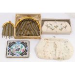 An Asian white metal mounted ceramic cigarette case together with vintage beaded purses (4)