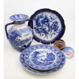 Cauldon ware plates, two handled vase, blue & white plates plus two paperweights.