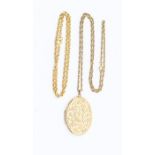 A 9ct gold locket with engraved decoration, size approx 40 x 30mm, on a 9ct gold oval link chain,
