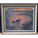 Abstract of Boats out from shore in sunset, unsigned oil on board. 50cm x 40cm.
