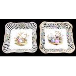 A pair of early 20th Century Dresden porcelain shaped square dishes with undulating borders, the