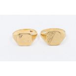 Two Gents 9ct Gold Signet Rings, one having an inset diamond ,Ring Sizes V1/2 & "S", 9.84 grams (2)