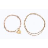 A 9ct rose gold bracelet with padlock clasp along with a 9ct gold faceted chain, length approx 18'',