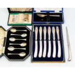 A collection of silver flatware to include: set of 6 Onslow pattern teaspoons, cased; 6 butter
