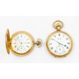 A gold plated Waltham hunter pocket watch, white enamel dial approx 36mm, Roman numerals and
