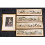 Four 19th century prints of carriage travelling and print of a 19th century lady.