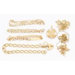 A collection of 9ct gold chains bracelets to include six various bracelets chains to include curb
