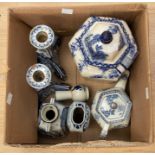 A collection of blue and white ceramics to include: a pair of 19th Century German faience