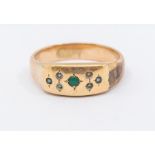 A 9ct rose gold ring gypsy set green stone (abraded) and pearls, size N, total gross weight approx