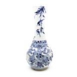 18th century Chinese porcelain blue and white long neck vase, bluster bottom with foliage and bird