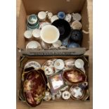 A collection of china wares including Doulton ladies, pot lids, Derby and Staffordshire gilt cups