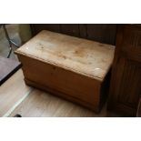 A Victorian pine travelling trunk, with carrying handles to sides, 45cm high, 90cm wide, 49cm deep