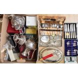 Collection of silver plate wares including boxed items Mappin + Webb tea sets, food trays, napkin