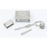 A collection of early 20th Century silver to include: large match box holder, the cover chased