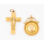 A 9ct gold crucifix Pendant together with a 9ct gold 1927 Denby Dale Pendant, total gross weight 8.