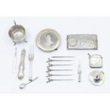 A collection of silver to include: Victorian engraved card holder; small circular picture frame; pot