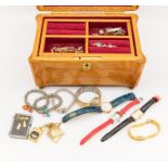 A jewellery box containing a collection of costume jewellery and watches, including silver ID