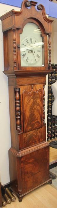 An early Victorian mahogany eight day longcase clock, circa 1850, the hood with a swan neck