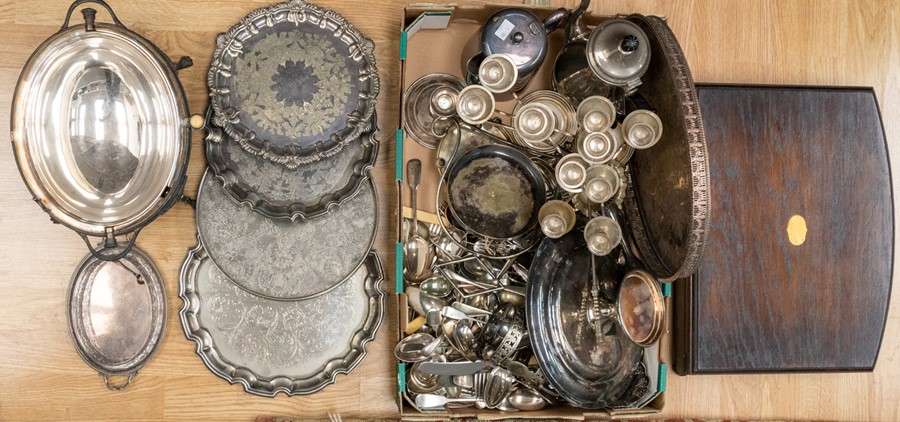 Collection of silver plated items including 19th and early 20th century flatwares, trays, food